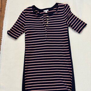 Navy & Coral Striped Button-Front Sweater Dress – Short Sleeve Knit – Size S